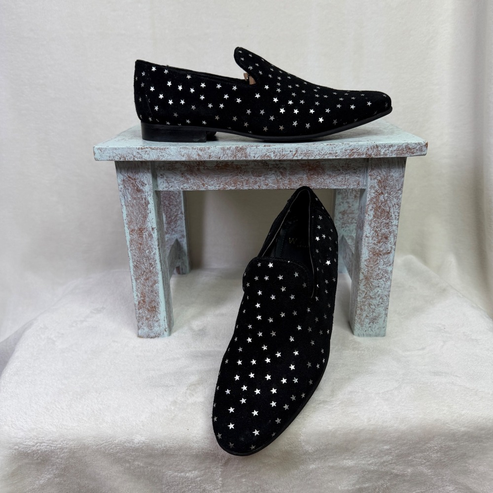 Walk London Loafers Mens 8 Black‎ Suede Silver Star Print Slip On Dress Shoes